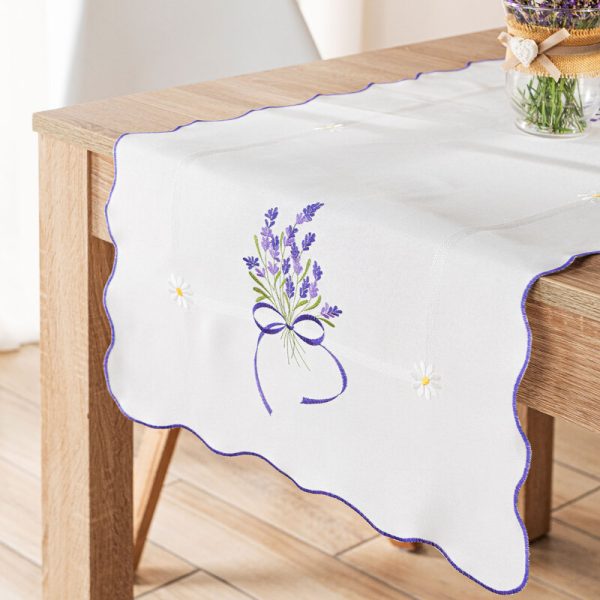 Bieżnik 50x100 cm biały  haft  lawendy oraz stokrotek